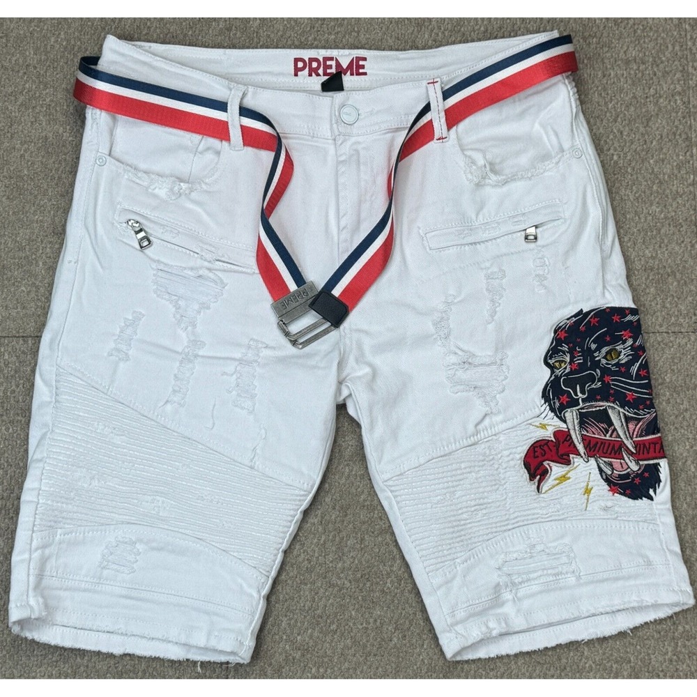 Preme Premium Vtg Tiger Embroidered Men's Denim Shorts‎ Size 38